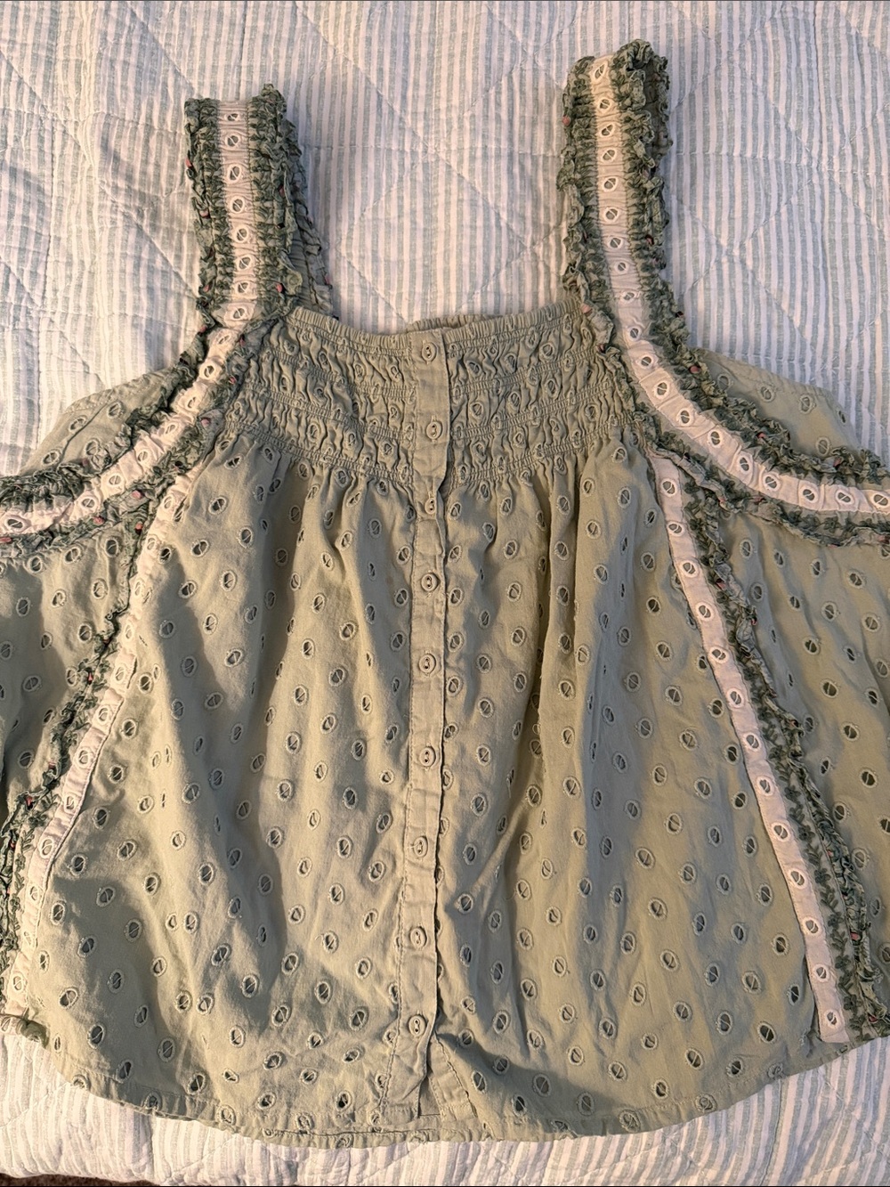 Smocked Eyelet Tank Top in Sage Green